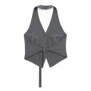 Damen elegante einfarbige Weste mit V-Ausschnitt und Taschen Stilvolle Polyesterweste mit Trägern um den Hals und Bindeband im Rücken 8