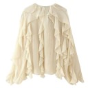 Damen elegante halbtransparente Bluse mit Rüschen und V-Ausschnitt Lange Ärmel Knopfverschluss Einfarbige Bluse aus leichtem Polyester 2