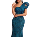 Damen elegante lange Kleid mit Pailletten und schmaler Taille mit asymmetrischem Ausschnitt über einer Schulter für Bälle und Abendveranstaltungen in Türkis 3