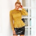 Damen elegante Spitzenbluse mit langen Ärmeln und Stehkragen Taillierte Taille mit erweitertem Volant Reißverschluss hinten Baumwolle 3