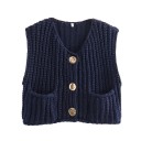 Damen elegante Strickweste mit V-Ausschnitt und Taschen Einfarbige Weste mit Knopfverschluss Bequemer Polyesterpullover in verschiedenen Farben 14