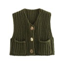 Damen elegante Strickweste mit V-Ausschnitt und Taschen Einfarbige Weste mit Knopfverschluss Bequemer Polyesterpullover in verschiedenen Farben 20