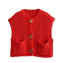 Damen elegante Strickweste mit V-Ausschnitt und Taschen Einfarbige Weste mit Knopfverschluss Bequemer Polyesterpullover in verschiedenen Farben 13