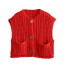 Damen elegante Strickweste mit V-Ausschnitt und Taschen Einfarbige Weste mit Knopfverschluss Bequemer Polyesterpullover in verschiedenen Farben 1
