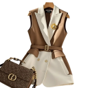 Damen elegante Weste mit Gürtel und Revers ohne Ärmel Polyester beige-weiß kontrastierend für den Alltag und die Arbeit 2