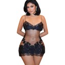 Damen enganliegendes transparentes Mini-Kleid mit dünnen Trägern, Blumenstickereien und V-Ausschnitt mit Spitzenrand 3