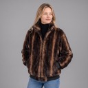 Damen Fleecejacke mit Stehkragen und Reißverschluss im braunen Streifenmuster, flauschige Jacke mit schwarzen Rippbündchen und seitlichen Taschen 4
