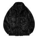 Damen Fleecejacke mit Stehkragen und Reißverschluss schwarze flauschige Jacke mit zwei Seitentaschen und gerippten Bündchen sowie Saum 1