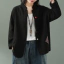 Damen Frühlingsjacke aus Baumwolle und Leinen Lockere Passform Stehkragen Bunte dekorative Knöpfe Zwei aufgenähte Taschen Karierter 2