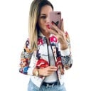 Damen Frühlingsjacke mit Comic-Print Bomber mit Stehkragen und Reißverschluss Kurzer Schnitt bis zur Taille Weißer Hintergrund mit bunten Motiven 2