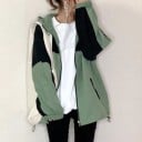 Damen Frühlingsjacke mit Kapuze Lockere Oversize Passform Farblich geteilte Einsätze Reißverschluss und Druckknöpfe Verstellbarer Saum 2