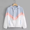 Damen Frühlingsjacke mit Kapuze und farbiger V-Teilung Reißverschluss Kordelzüge Zwei Taschen Elastische Bündchen und Saum Polyester 1