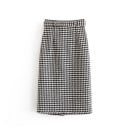 Damen gerader Midi-Rock mit Hahnentrittmuster Schwarz-Weiß Reihe dekorativer Knöpfe vorne Breiter Gürtel in der Taille Schlitz Polyester 2