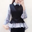 Damen gestreifte Bluse mit abnehmbarer schwarzer Weste Zweilagiger Look Hemdkragen Lange Ärmel Rüschenabschluss hinten länger Baumwolle 1