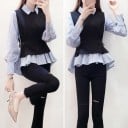 Damen gestreifte Bluse mit abnehmbarer schwarzer Weste Zweilagiger Look Hemdkragen Lange Ärmel Rüschenabschluss hinten länger Baumwolle 2