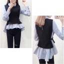 Damen gestreifte Bluse mit abnehmbarer schwarzer Weste Zweilagiger Look Hemdkragen Lange Ärmel Rüschenabschluss hinten länger Baumwolle 4