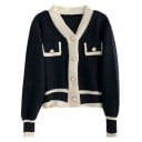 Damen gestreifter Cardigan mit langen Ärmeln aus Acetat Eleganter Pullover mit Knöpfen und Taschen auf der Brust Universelle Größe Modischer 2