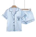 Damen gestreiftes Pyjama mit kurzen Ärmeln und Shorts Hemd mit Knöpfen und bestickter Tasche in verschiedenen Farben Polyester Elasthan Bequemer Schlaf 2