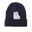 Damen gestrickte Beanie-Mütze mit Katzen-Patch, die aus dem umgeschlagenen Saum schaut. Leicht dehnbare Baumwolle und Polyester. Kopfumfang 4