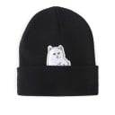 Damen gestrickte Beanie-Mütze mit Katzen-Patch, die aus dem umgeschlagenen Saum schaut. Leicht dehnbare Baumwolle und Polyester. Kopfumfang 1