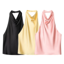 Damen glänzende Bluse Rundhalsausschnitt Ohne Ärmel Mit Knopfverschluss im Nacken Einfarbige elegante Bluse aus Polyester 2