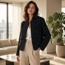 Damen glänzende Paillettenjacke mit Stehkragen kurze Jacke mit Taschen und verdecktem Verschluss für die Stadt und die Party 3