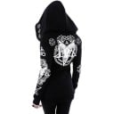 Damen Gothic Hoodie mit Reißverschluss Schwarz mit weißem okkultem Druck Schädel mit Hörnern und Pentagrammen Vordertaschen Polyester 2