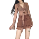 Damen halbtransparente Bluse Universelle Größe V-Ausschnitt Lange Ärmel Raffung Bindung an der Brust Elegant 6