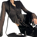 Damen halbtransparente Bluse Universelle Größe V-Ausschnitt Lange Ärmel Raffung Bindung an der Brust Elegant 1