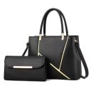 Damen Handtaschen-Set 2 Stück Handtasche mit Schultergurt 31 x 12 x 23 cm und Clutch 21 x 4 x 13 cm aus Kunstleder mit goldenen Streifen 1