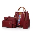 Damen Handtaschen-Set 4-teilig aus Kunstleder Große Tasche mit buntem Schulterriemen Umhängetasche Clutch und Dokumentenetui 7