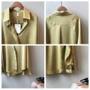 Damen Hemdbluse mit langen Ärmeln Glänzender Satin-Look V-Ausschnitt Versteckte Knopfleiste Manschetten mit Knopf Lockere Passform Polyester 6