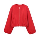 Damen Herbstjacke mit Reißverschluss Lockere Passform Lange Rüschenärmel Fronttaschen Schlichter urbaner Stil Eleganter Mantel für kaltes Wetter 4