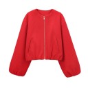 Damen Herbstjacke mit Reißverschluss Lockere Passform Lange Rüschenärmel Fronttaschen Schlichter urbaner Stil Eleganter Mantel für kaltes Wetter 1
