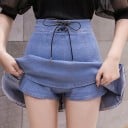 Damen Jeans Minirock mit Schnürung und eingearbeiteten Shorts Hoher Bund Ausgestellter A-Linien Schnitt Metallösen Denim und Polyester 2