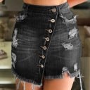 Damen Jeans Minirock mit schräg angeordneten Knöpfen Asymmetrischer Schnitt Zerrissene Details Fransiger Saum Vordertaschen 1