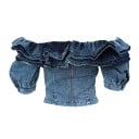 Damen Jeansbluse mit mehrlagigem Volant am Ausschnitt Kurze Ballonärmel Verkürzter Schnitt Reißverschluss am Rücken Ausgewaschener Look Baumwolle 3
