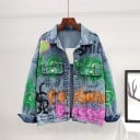 Damen Jeansjacke mit bunten Graffiti-Motiven Hellblauer Baumwoll-Denim Lockere Passform mit fallenden Schultern Brusttaschen mit Klappe 1