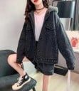 Damen Jeansjacke mit Kapuze und Futter Für kühleres Wetter Lockere Passform Metallknopfverschluss Brusttaschen Polyester und Baumwolle 2