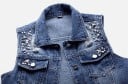 Damen Jeansweste mit dekorativen Perlen Klassischer Kragen Brusttaschen mit Klappe Abnutzungen und gewaschener Effekt Blauer Denim mit Baumwolle 3