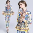 Damen Komplettset Bluse und Hose Bunt ornamentales Muster Bluse mit Schleife am Hals und Volant in der Taille Glockenärmel Verkürzte Hose 2