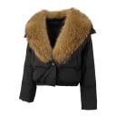 Damen kurze Daunenjacke mit Entenfedern und goldbraunem Kragen aus echtem Pelz, gesteppte Jacke mit elastischem Saum für den Winter 1