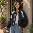 Damen kurze Jacke mit Stehkragen und doppeltem Reißverschluss mit kontrastierenden Streifen und verstellbarem Saum im Oversize-Stil 3