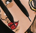 Damen kurze Kapuzenjacke mit Kordeln Schwarz mit buntem Druck von Frauenporträts im Comic-Stil auf der Vorderseite und den Ärmeln Baumwolle 4