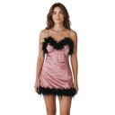 Damen kurze rosa Satin-Nachtwäsche mit schwarzem Federbesatz am Ausschnitt und am unteren Saum sowie überkreuzten Trägern mit Schleifenbindung im Rücken 3