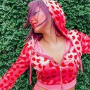 Damen kurze Samtjacke mit Reißverschluss und Herzchen-Druck Vordertaschen Gerippte Bündchen und Saum Samt mit Spandex 4
