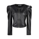 Damen kurze schwarze Bikerjacke aus Lederimitat mit Reißverschluss Geraffte Schultern und lange Ärmel Rundhalsausschnitt ohne Kragen Taillierter 1