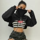 Damen kurze Sweatshirt mit Kapuze und doppelter silberner Kette vorne und hinten Weite lange Ärmel mit Bündchen Polyester Baumwolle und Spandex 3