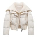 Damen kurze Winterjacke mit gestricktem Kragen, gesteppte Jacke mit Reißverschluss und geripptem Saum in der Taille 1
