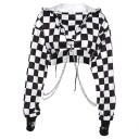 Damen kurzer Hoodie mit Kapuze und metallischen Ketten Schwarz-weißer Schachbrettmuster im Punk-Stil Langer Ärmel Schwarze Bündchen Baumwolle 1